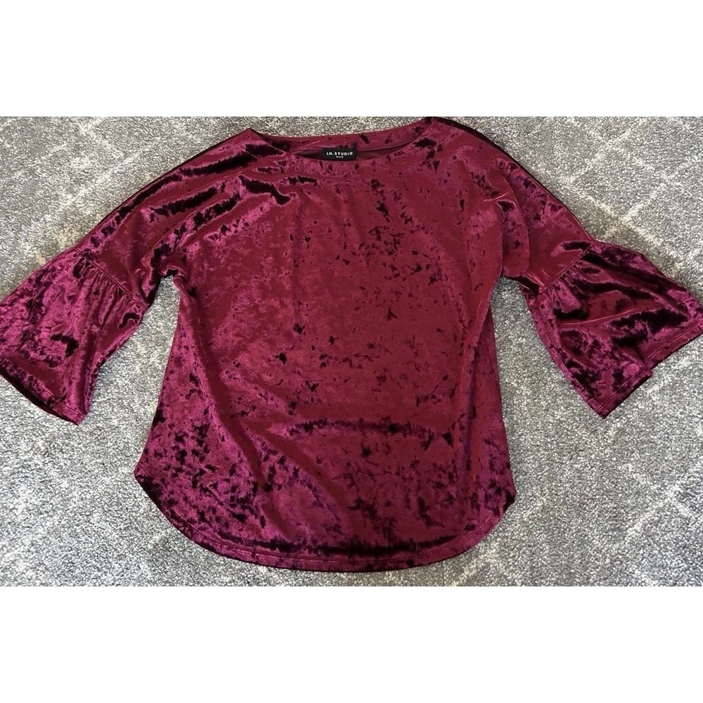Burgundy Velvet Top PM Bell 3/4 Sleeve By I. N. Studio Petite Medium Pullover